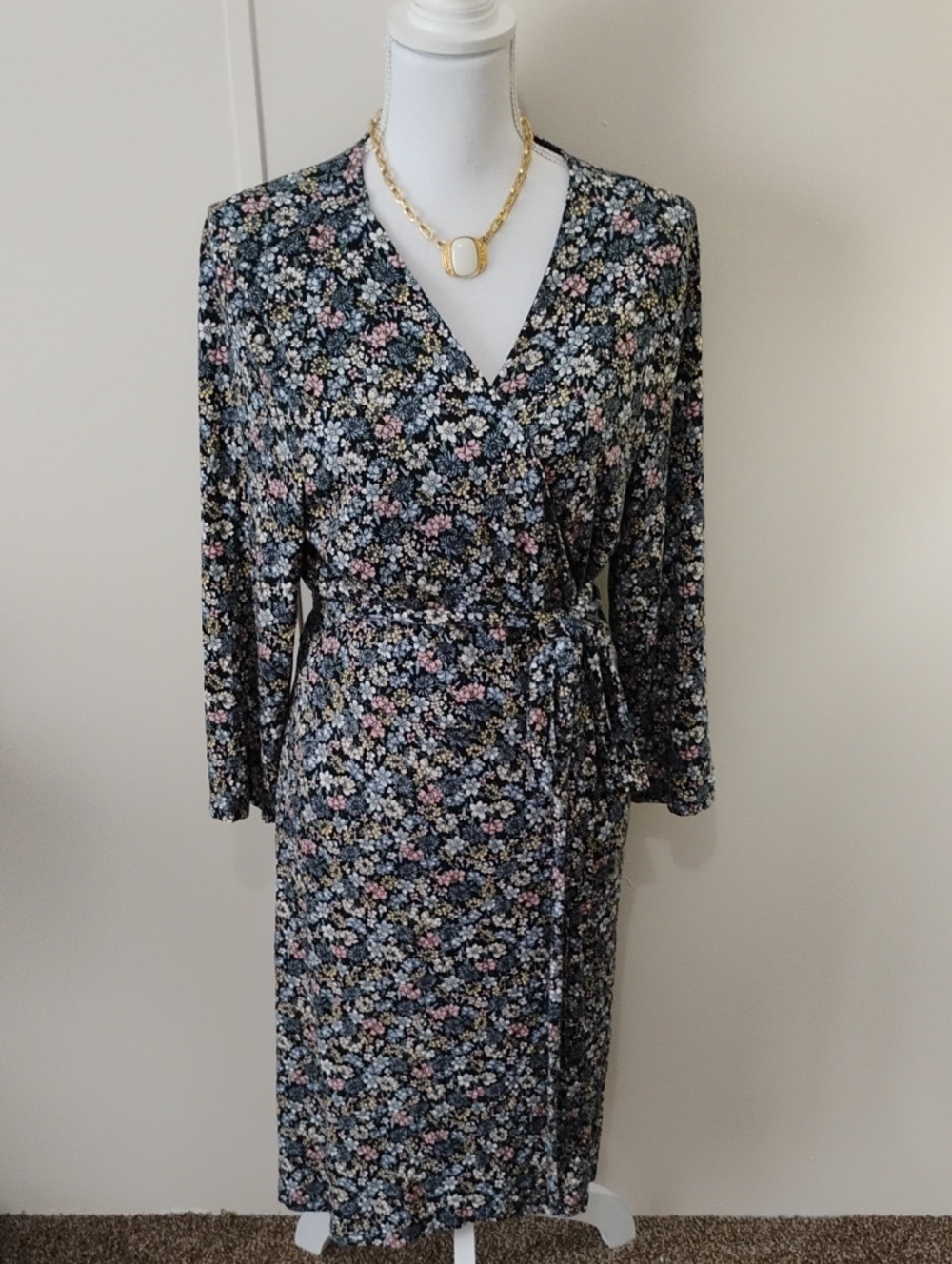 Floral Wrap Dress in Black with Pink and Blue Accents